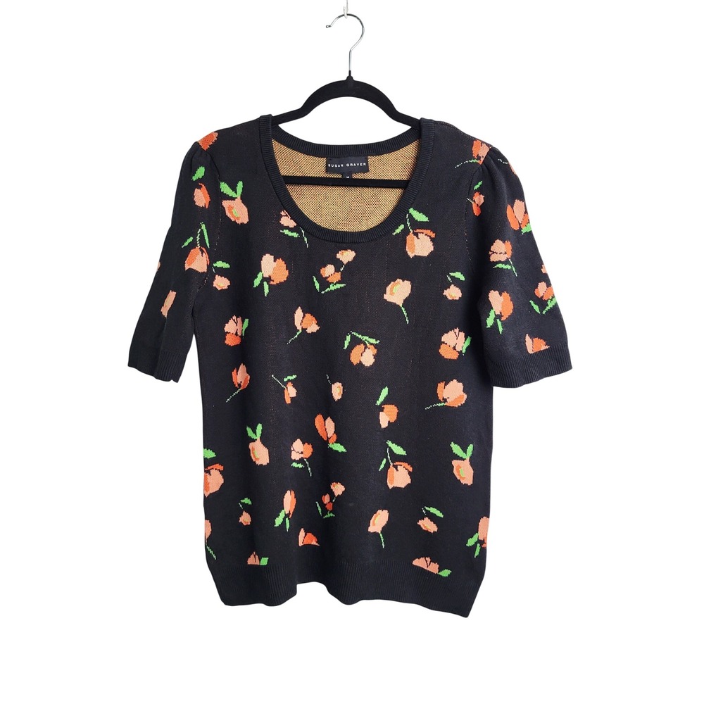 Susan Graver Puff Sleeve Floral Jacquard Sweater Black M (10/12) 3/4‎ Sleeve